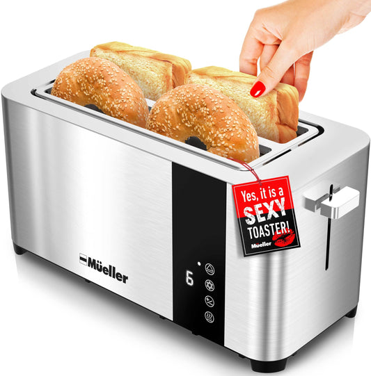 Mueller UltraToast Full Stainless Steel Toaster 4 Slice, Long Extra-Wide Slots with Removable Tray, Cancel/Defrost/Reheat Functions, 6 Browning Levels with LED Display, Kitchen Essentials & Gadgets