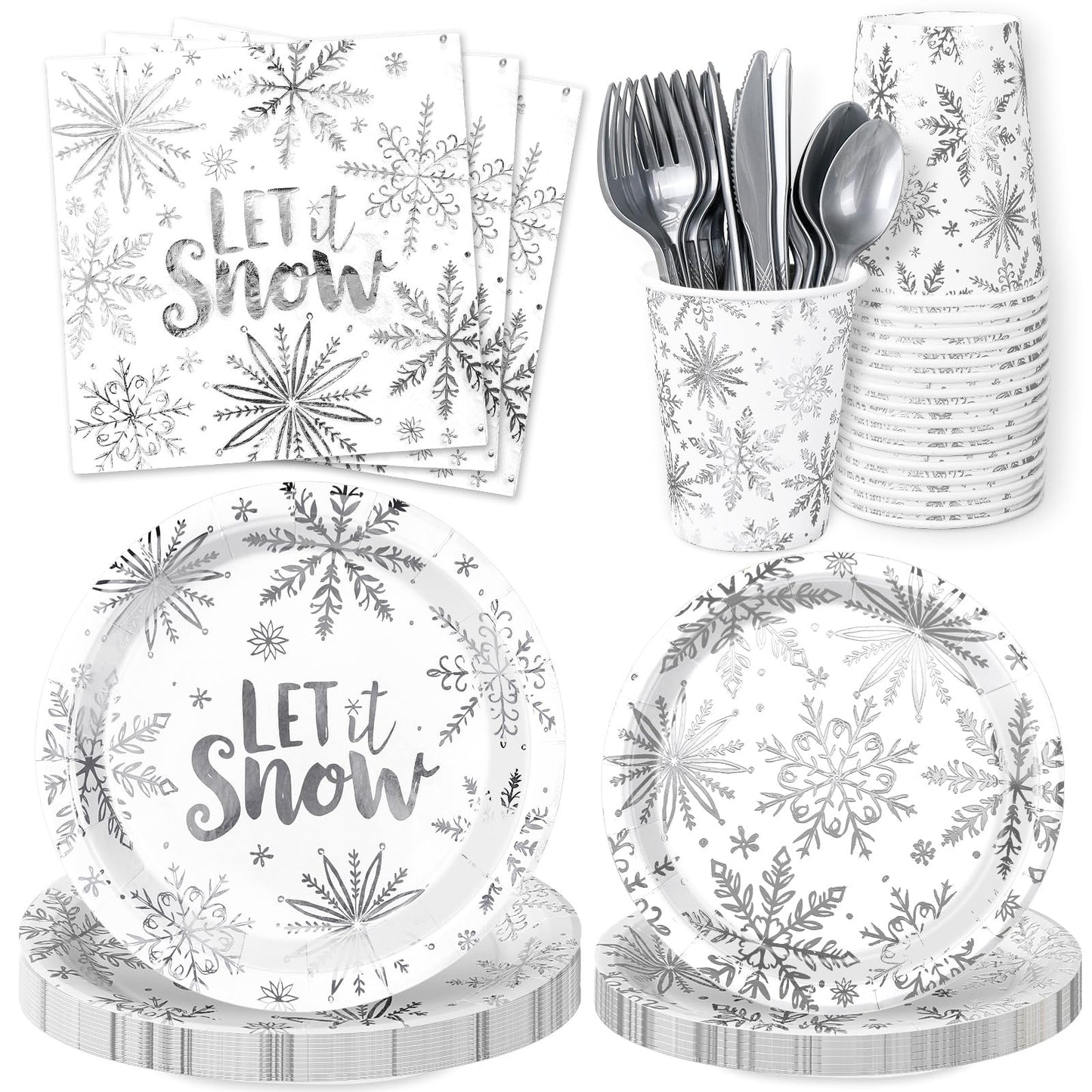 175Pcs Christmas Party Supplies Kit Silver Foil Snowflake Tableware Set Winter Disposable Dinnerware Paper Napkin Plate Cup Plastic Fork Knives Spoon for 25 Guests Party Favors