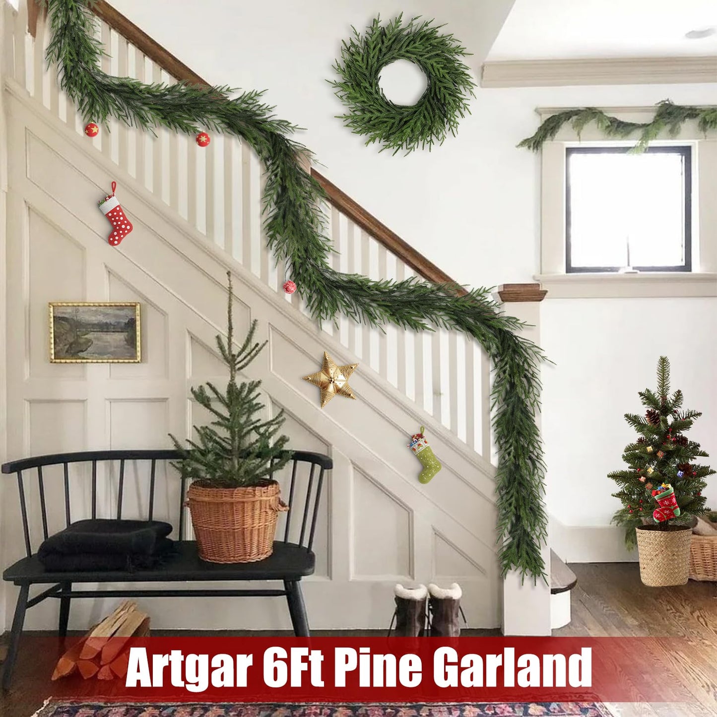 Artgar Pine Garland - 6 Ft Christmas Garland - Pine Garland Realistic - Artificial Green Cedar Garland - Garland Christmas Decorations for Home Mantel Stairs Dining Table Christmas Decor (Green)