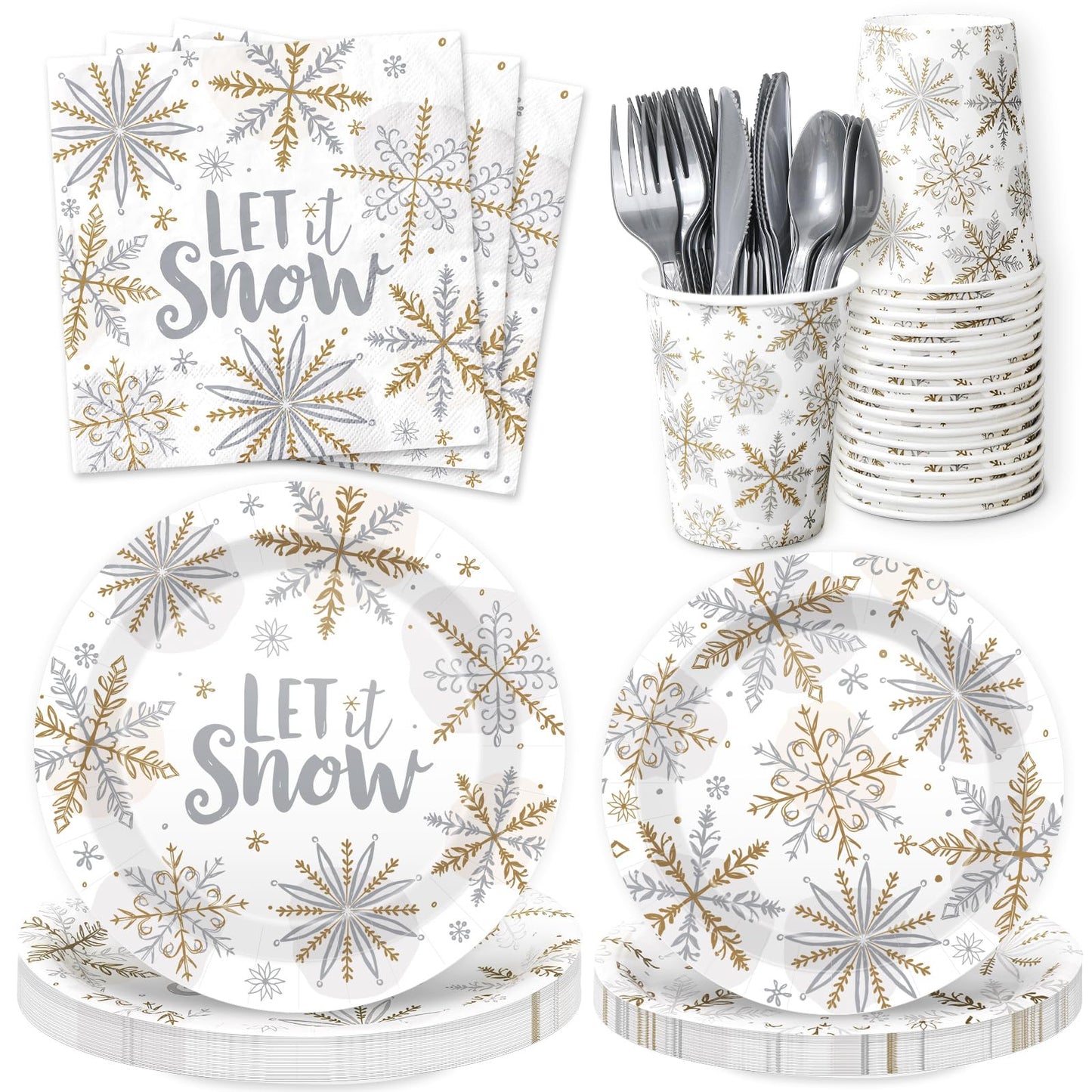 175Pcs Christmas Party Supplies Kit Silver Foil Snowflake Tableware Set Winter Disposable Dinnerware Paper Napkin Plate Cup Plastic Fork Knives Spoon for 25 Guests Party Favors