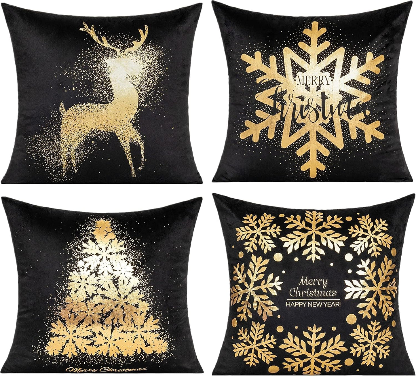 All Smiles White Gold Christmas Decorations Throw Pillow Covers 18X18 Set of 4 Winter Xmas Navidad Home Holiday Décor Velvet Cushion Cases for Sofa Tree Snowflake Reindeer