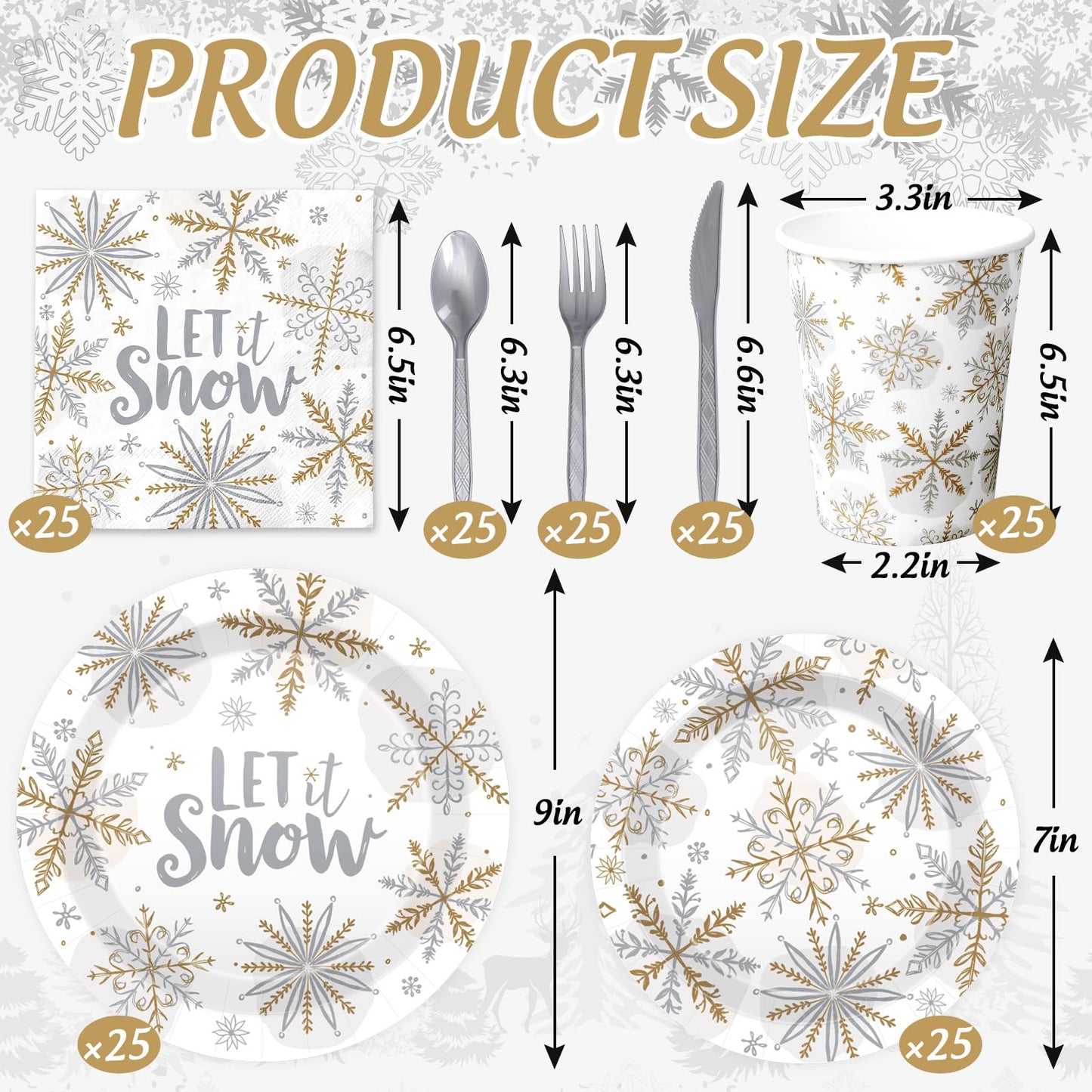 175Pcs Christmas Party Supplies Kit Silver Foil Snowflake Tableware Set Winter Disposable Dinnerware Paper Napkin Plate Cup Plastic Fork Knives Spoon for 25 Guests Party Favors