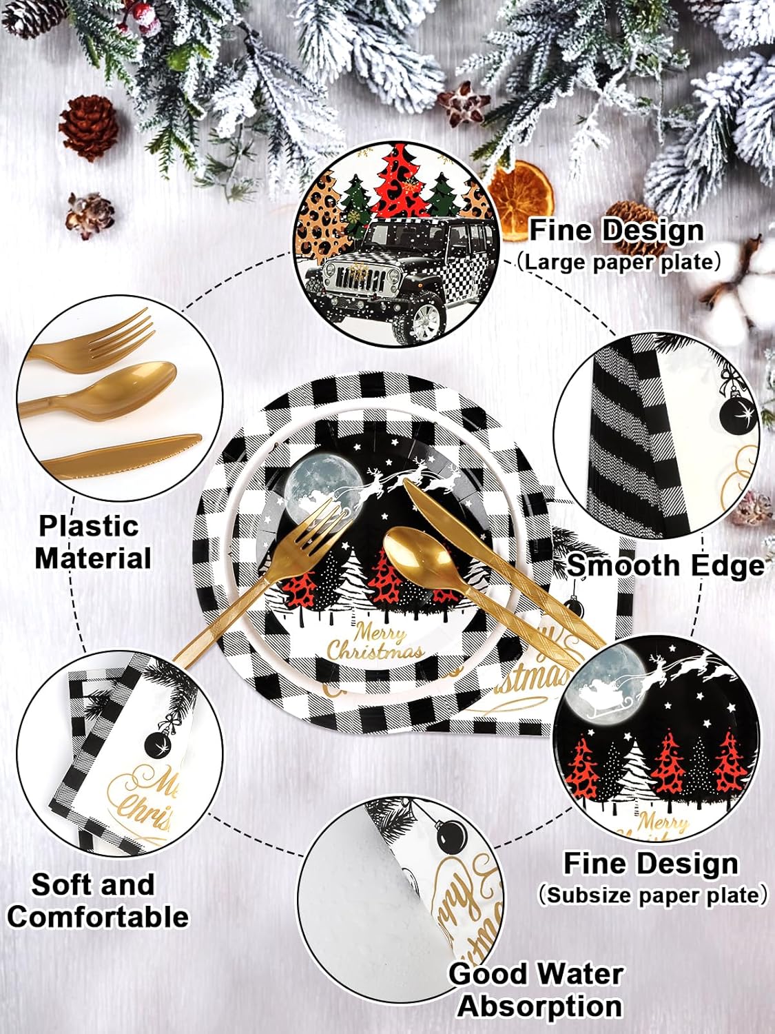 300 Pcs Christmas Party Supplies Paper Plates Set, Lorvain Christmas Tableware Set with Napkins Knife Fork Spoon Black Plaid Car Xmas Night Scene Disposable Dinnerware (Serve 50) for Holiday Party