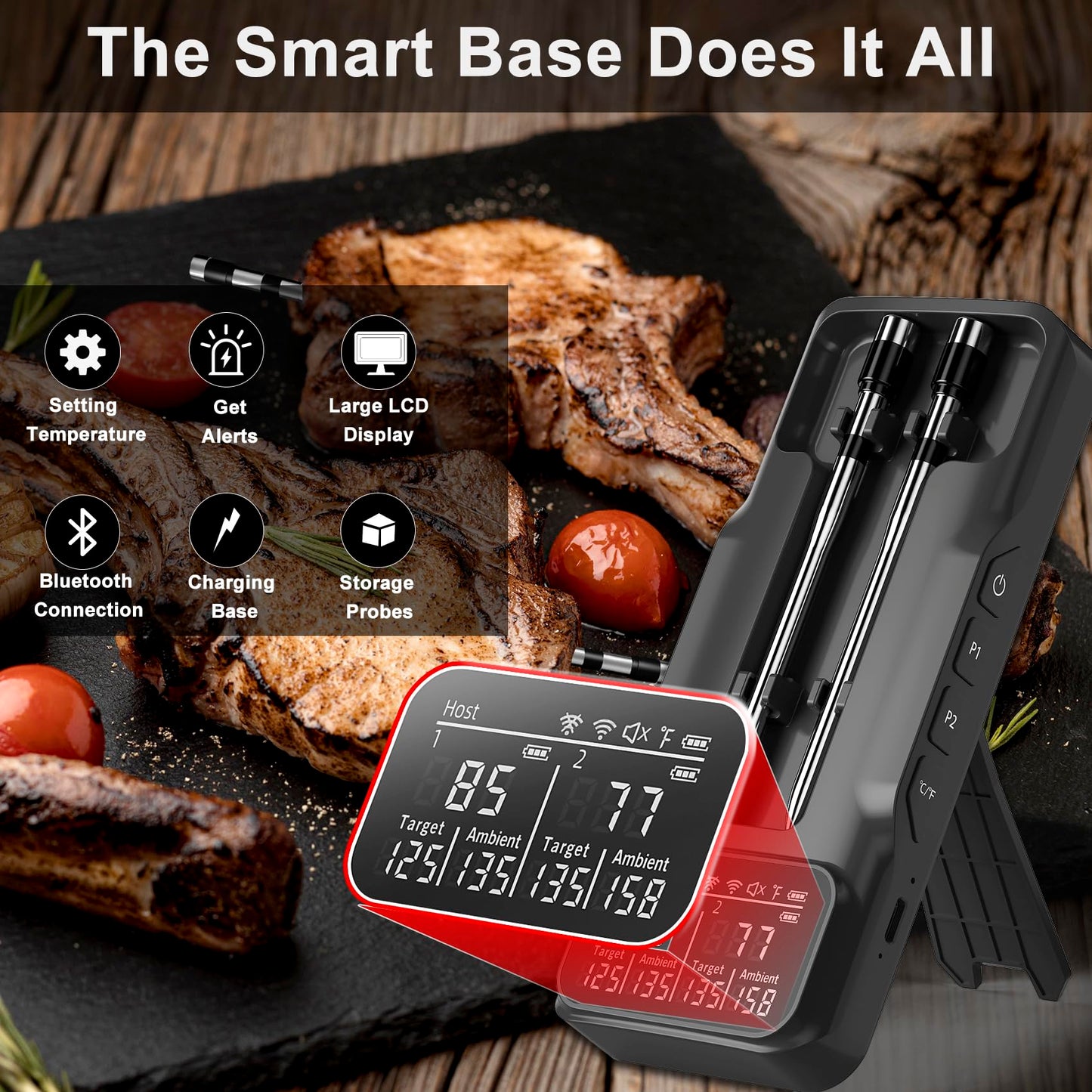 800ft Wireless Meat Thermometer with 2 Upgraded Thinner Probes Digital BBQ Thermometer Wireless with Large LCD Screen Bluetooth Thermometer for BBQ Oven, Smoker, Barbecue Shop Thermometer