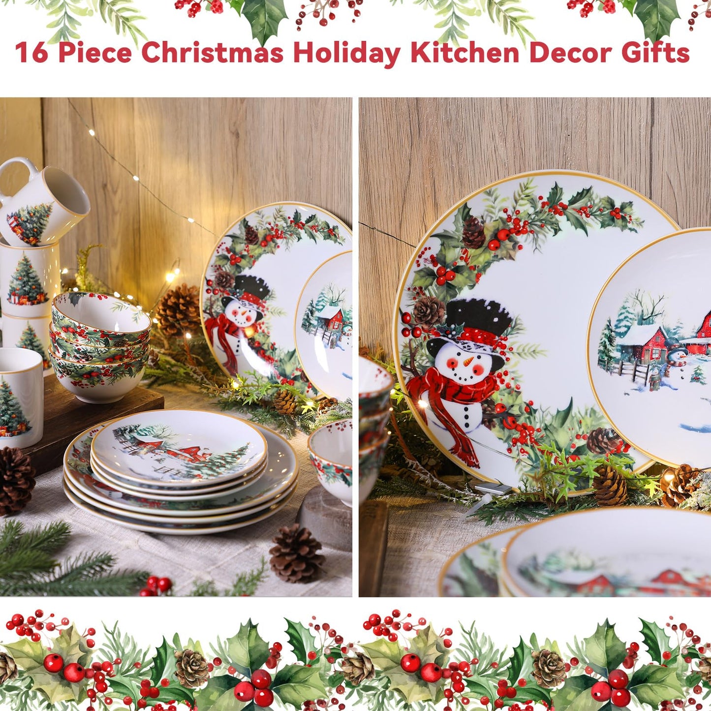 16 Pcs Christmas Tree Dinnerware Set for 4 Holiday Dishes Snowman Dinner Plates Festive Collection Dishes Village Holly Ivy Ceramic Gifts Dessert Plates Bowl Mug Kitchen Decoration for Xmas Winter