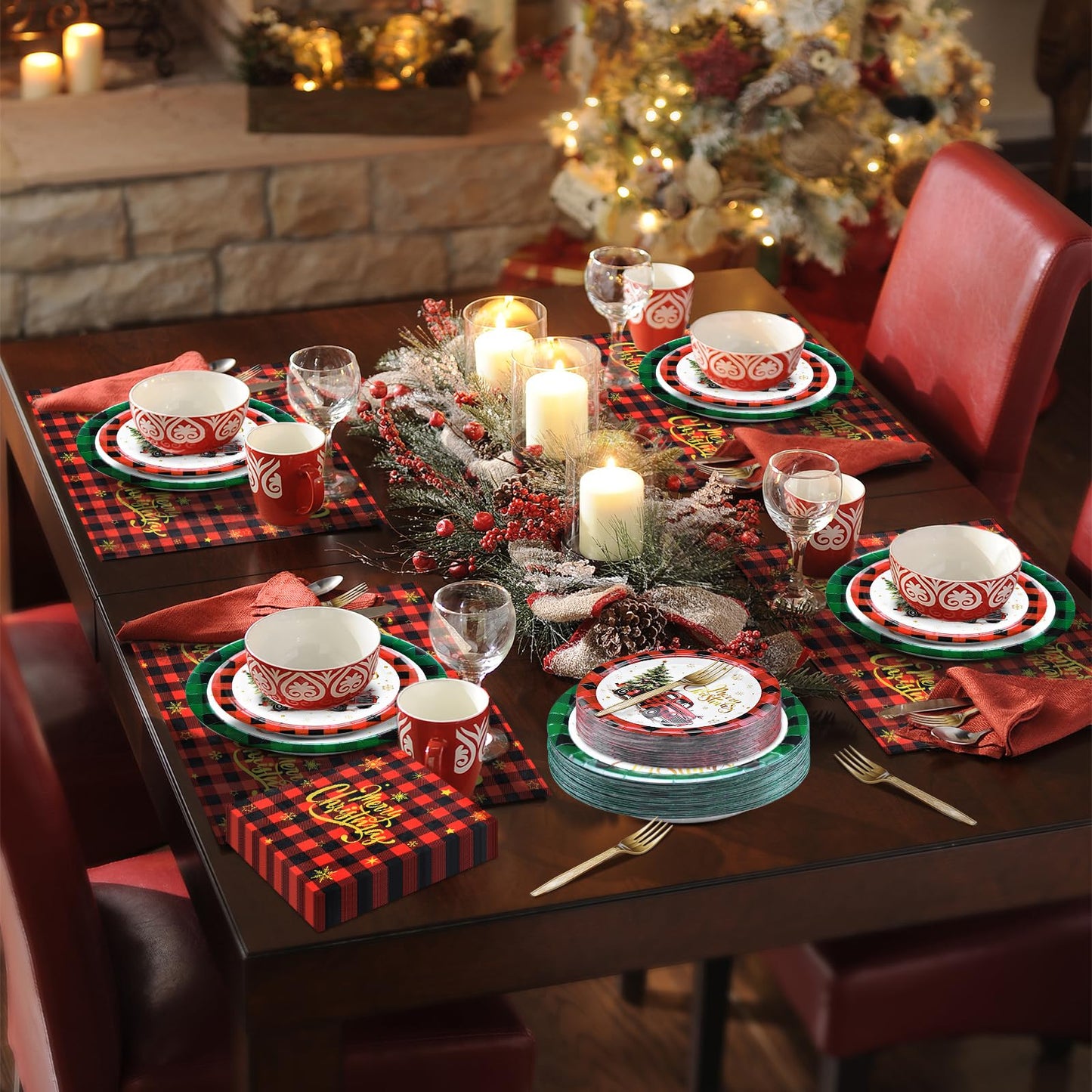 96 Pieces Merry Christmas Disposable Tableware Set - Red and Green Buffalo Plaid Christmas Party Supplies with Paper Plates, Napkins, Forks for Holiday Celebrations, Winter Favors, and Rustic Decor