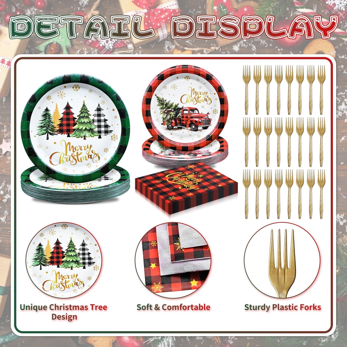 96 Pieces Merry Christmas Disposable Tableware Set - Red and Green Buffalo Plaid Christmas Party Supplies with Paper Plates, Napkins, Forks for Holiday Celebrations, Winter Favors, and Rustic Decor