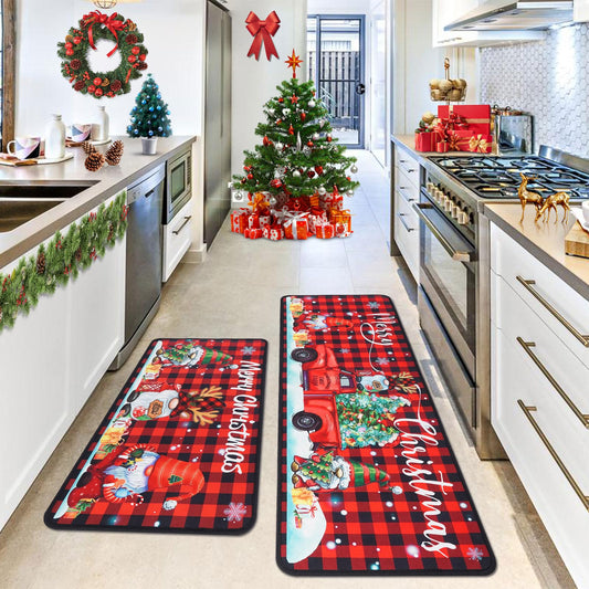 Christmas Kitchen Mats, Merry Christmas Kitchen Rugs Set of 2 - Red Black Buffalo Plaid Christmas Kitchen Decor - Gnome Truck Xmas Decorations for Floor,Bathroom,Living Room,Doorway 17"x30"+17"x47"