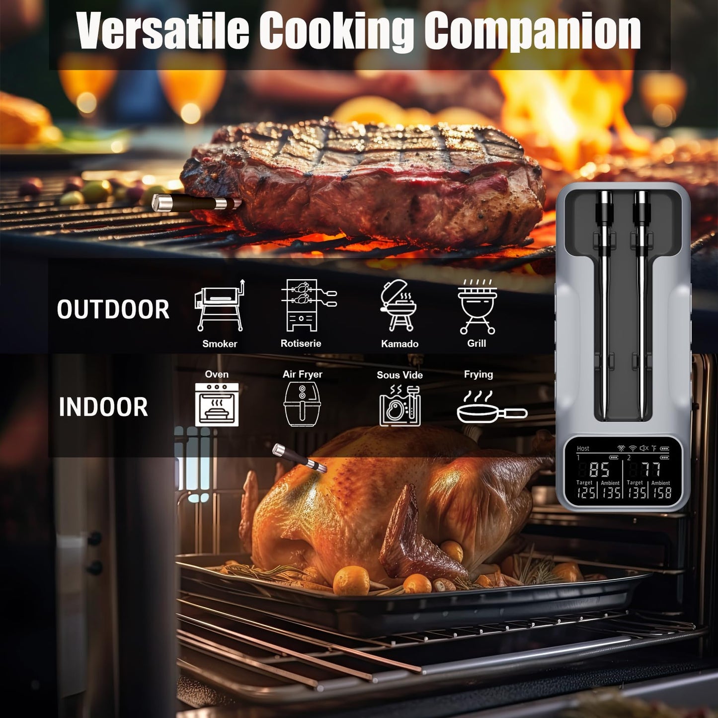 800ft Wireless Meat Thermometer with 2 Upgraded Thinner Probes Digital BBQ Thermometer Wireless with Large LCD Screen Bluetooth Thermometer for BBQ Oven, Smoker, Barbecue Shop Thermometer