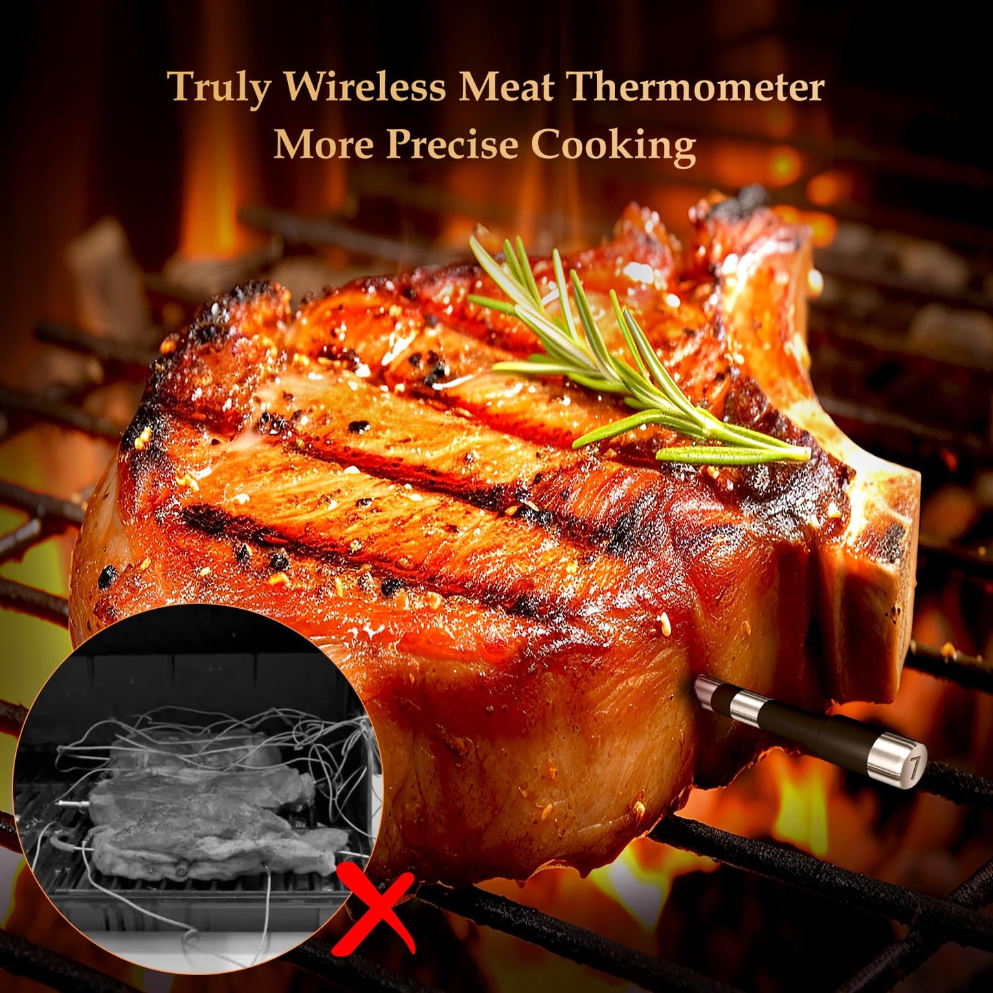 800ft Wireless Meat Thermometer with 2 Upgraded Thinner Probes Digital BBQ Thermometer Wireless with Large LCD Screen Bluetooth Thermometer for BBQ Oven, Smoker, Barbecue Shop Thermometer