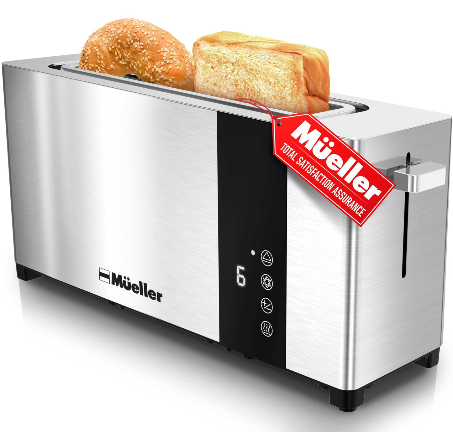 Mueller UltraToast Full Stainless Steel Toaster 4 Slice, Long Extra-Wide Slots with Removable Tray, Cancel/Defrost/Reheat Functions, 6 Browning Levels with LED Display, Kitchen Essentials & Gadgets