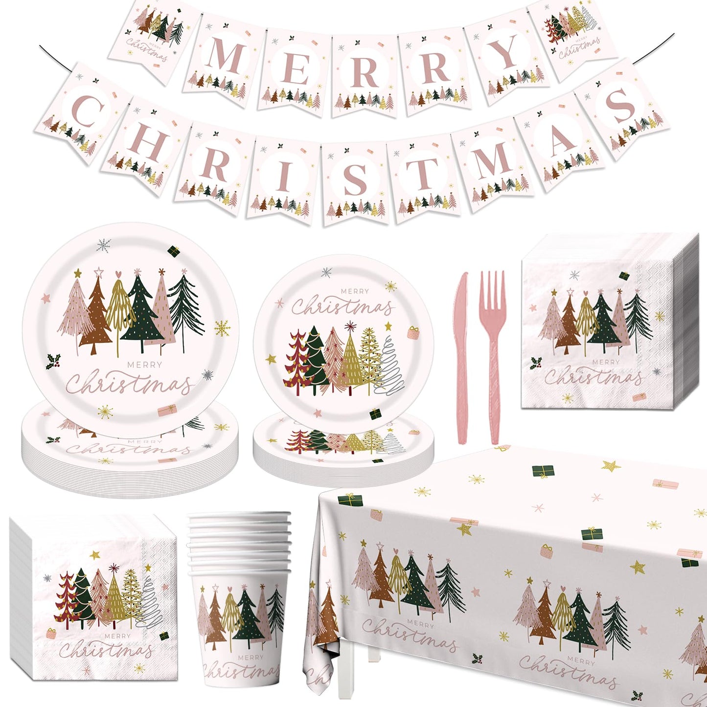 142 Pieces Merry Christmas Party Tableware Set Paper Plates,Napkins,Cups Pink Christmas Party Supplies Disposable Xmas Tree Theme Table Decorations for Xmas Birthday Party Favors