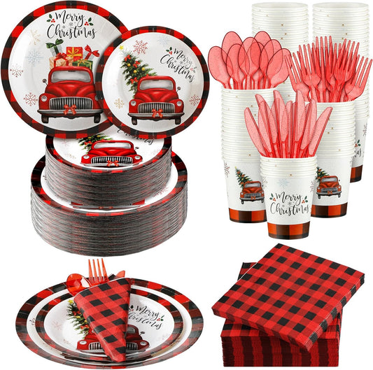 Umigy 400 Pcs Christmas Disposable Dinnerware Set for 50 Guests Christmas Truck Paper Plates and Napkins Cups Plastic Forks Knives Spoons Set, Xmas Party Supplies Holiday Birthday Dinner Tableware