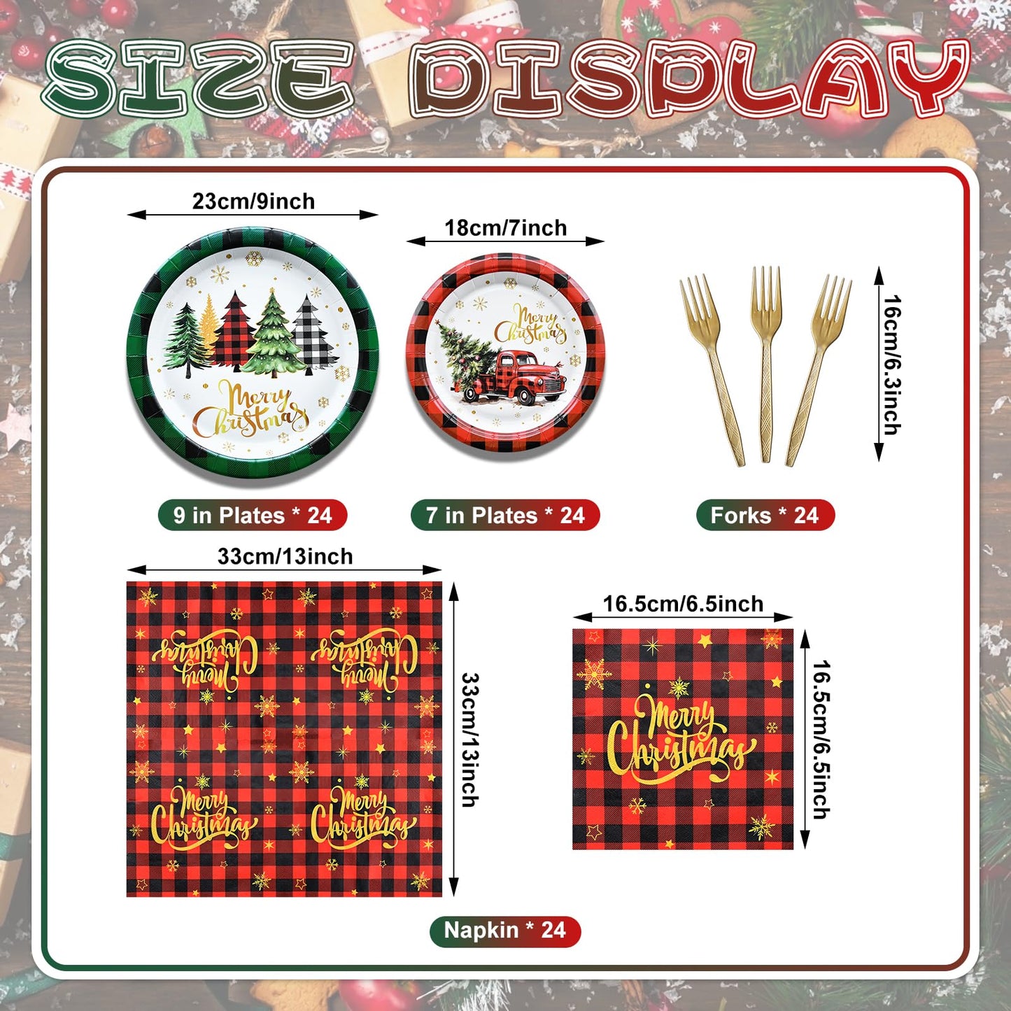 96 Pieces Merry Christmas Disposable Tableware Set - Red and Green Buffalo Plaid Christmas Party Supplies with Paper Plates, Napkins, Forks for Holiday Celebrations, Winter Favors, and Rustic Decor