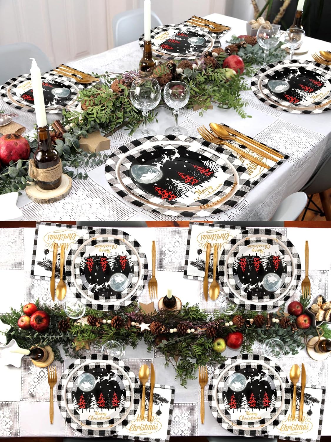 300 Pcs Christmas Party Supplies Paper Plates Set, Lorvain Christmas Tableware Set with Napkins Knife Fork Spoon Black Plaid Car Xmas Night Scene Disposable Dinnerware (Serve 50) for Holiday Party