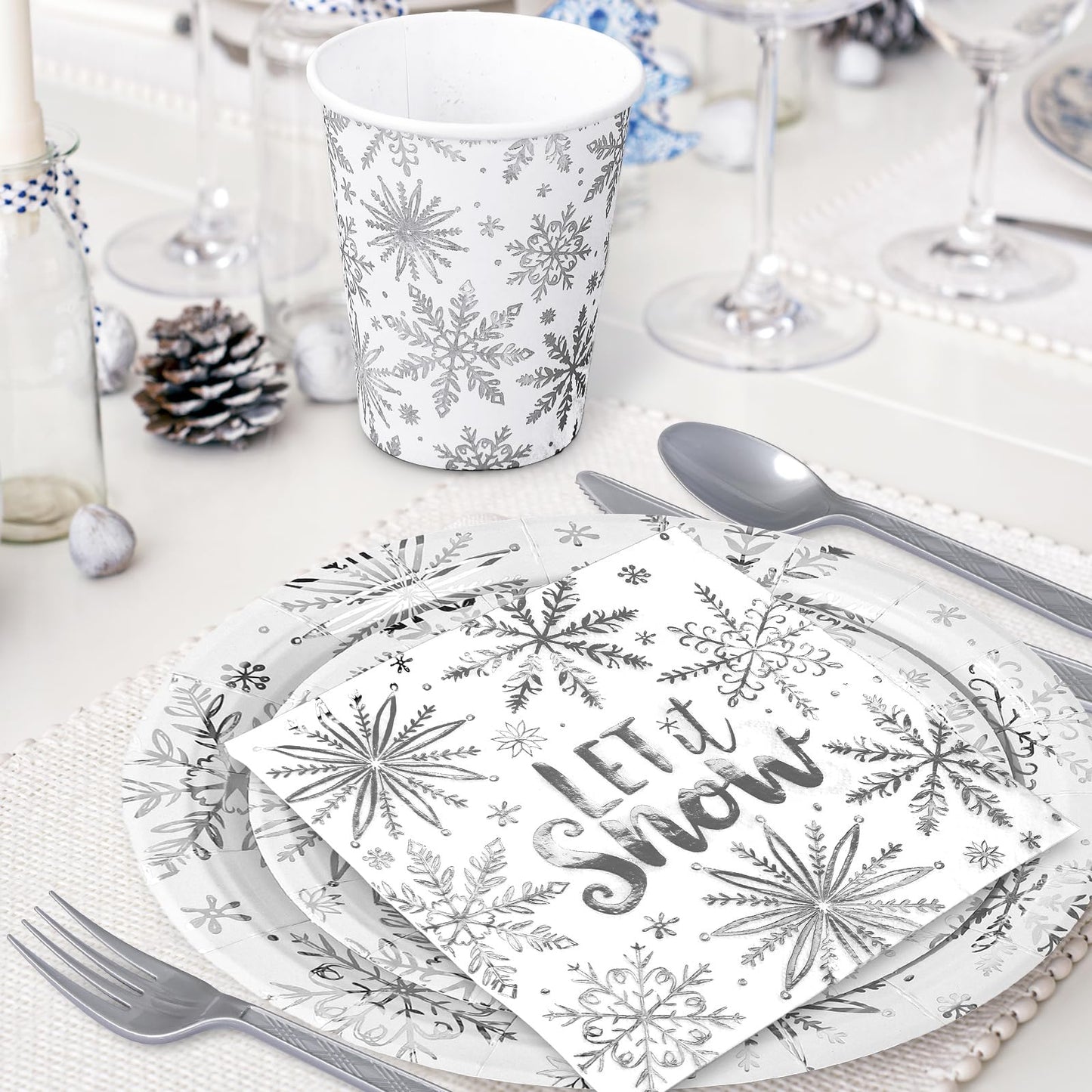 175Pcs Christmas Party Supplies Kit Silver Foil Snowflake Tableware Set Winter Disposable Dinnerware Paper Napkin Plate Cup Plastic Fork Knives Spoon for 25 Guests Party Favors