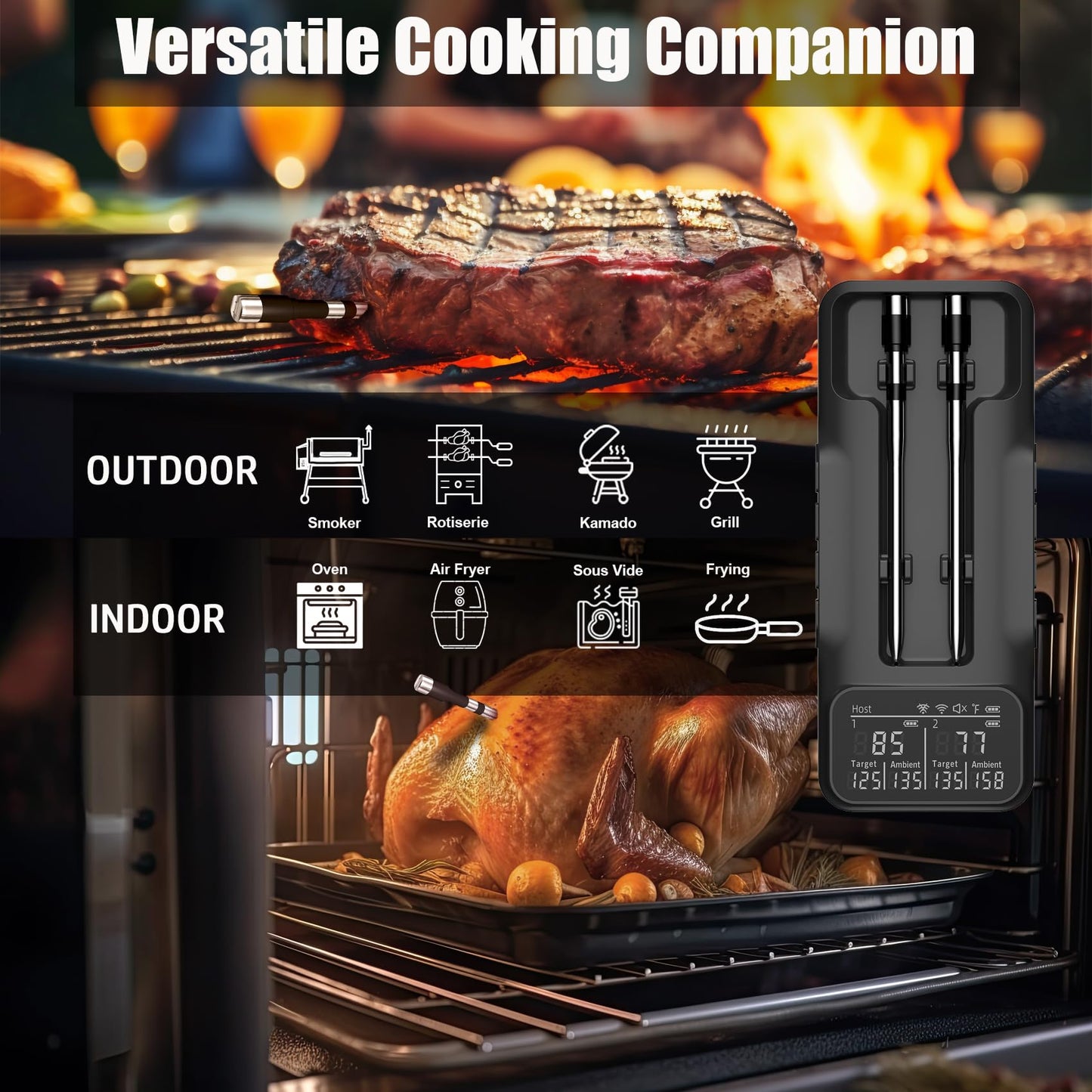 800ft Wireless Meat Thermometer with 2 Upgraded Thinner Probes Digital BBQ Thermometer Wireless with Large LCD Screen Bluetooth Thermometer for BBQ Oven, Smoker, Barbecue Shop Thermometer