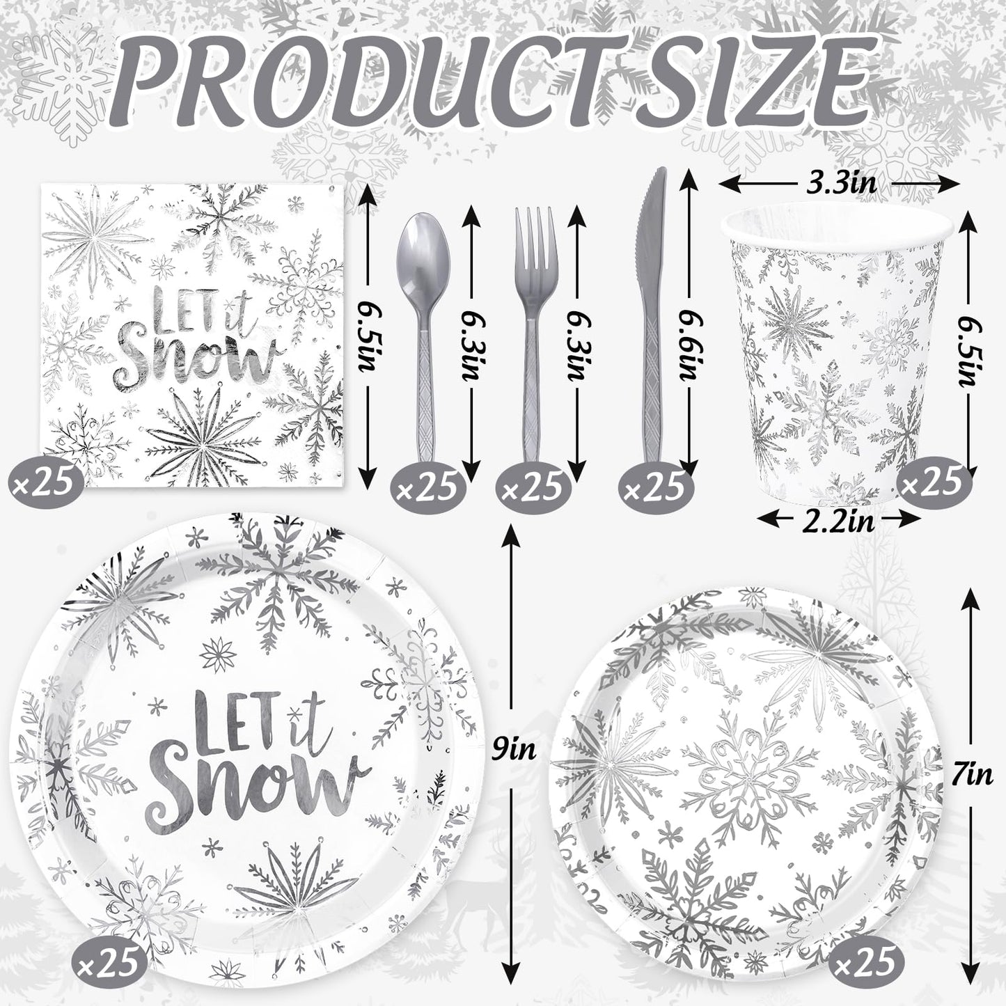 175Pcs Christmas Party Supplies Kit Silver Foil Snowflake Tableware Set Winter Disposable Dinnerware Paper Napkin Plate Cup Plastic Fork Knives Spoon for 25 Guests Party Favors