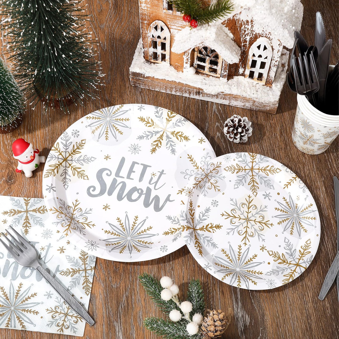 175Pcs Christmas Party Supplies Kit Silver Foil Snowflake Tableware Set Winter Disposable Dinnerware Paper Napkin Plate Cup Plastic Fork Knives Spoon for 25 Guests Party Favors