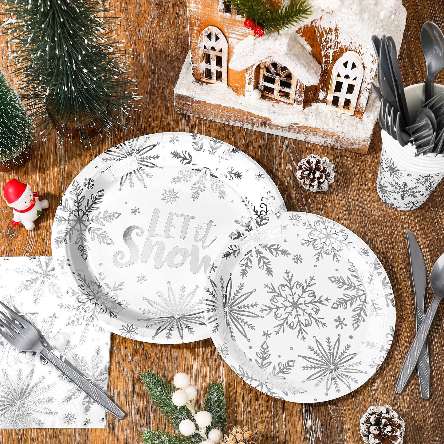 175Pcs Christmas Party Supplies Kit Silver Foil Snowflake Tableware Set Winter Disposable Dinnerware Paper Napkin Plate Cup Plastic Fork Knives Spoon for 25 Guests Party Favors