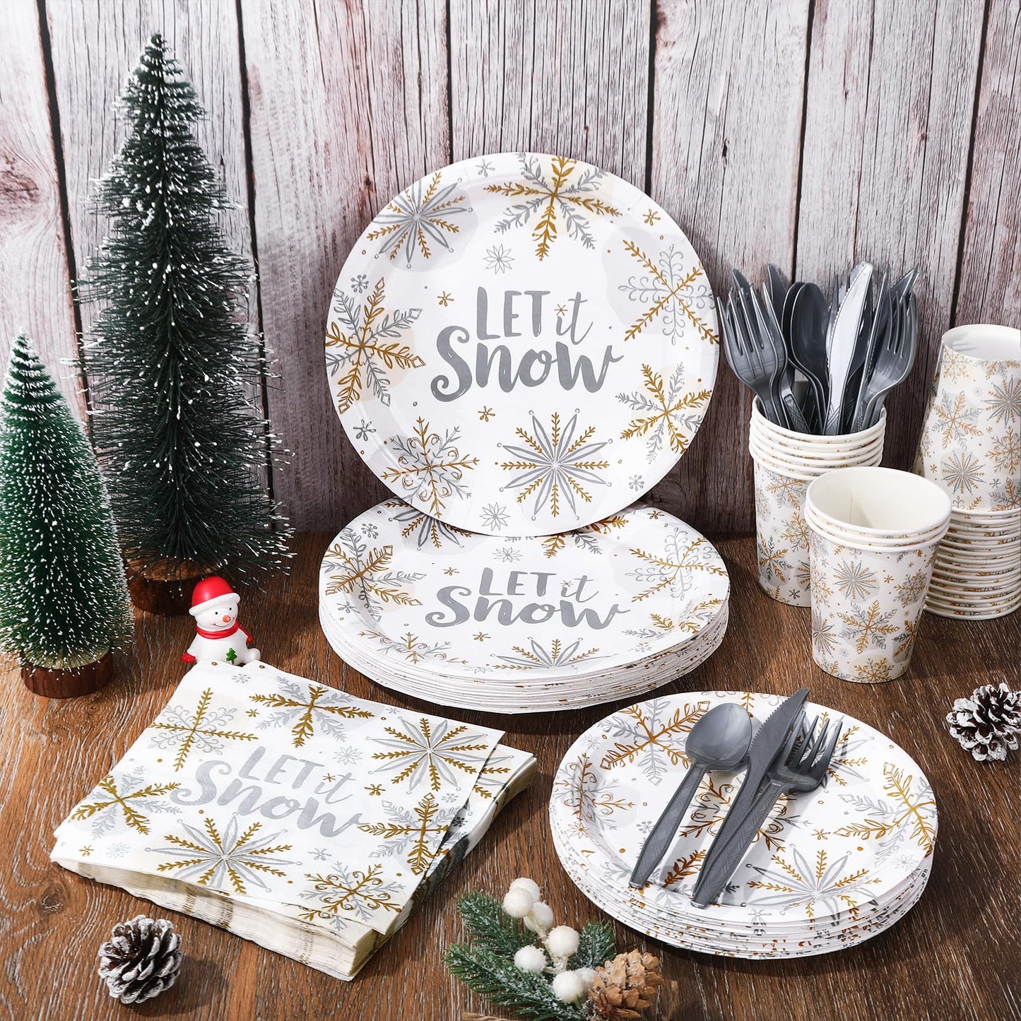 175Pcs Christmas Party Supplies Kit Silver Foil Snowflake Tableware Set Winter Disposable Dinnerware Paper Napkin Plate Cup Plastic Fork Knives Spoon for 25 Guests Party Favors