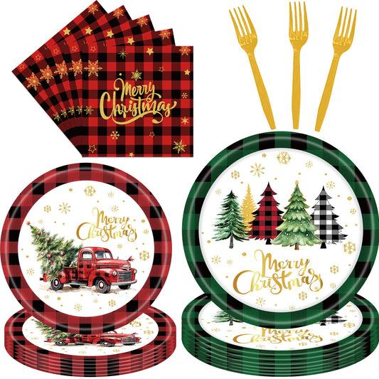 96 Pieces Merry Christmas Disposable Tableware Set - Red and Green Buffalo Plaid Christmas Party Supplies with Paper Plates, Napkins, Forks for Holiday Celebrations, Winter Favors, and Rustic Decor