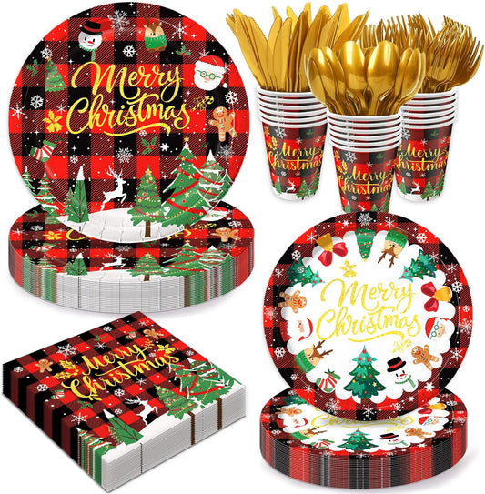 Christmas Paper Plates and Napkins Set, Disposable Christmas Foil Gold Paper Tableware Included Plates, Cups, Napkins, Cutlery, Serves 24 Guests