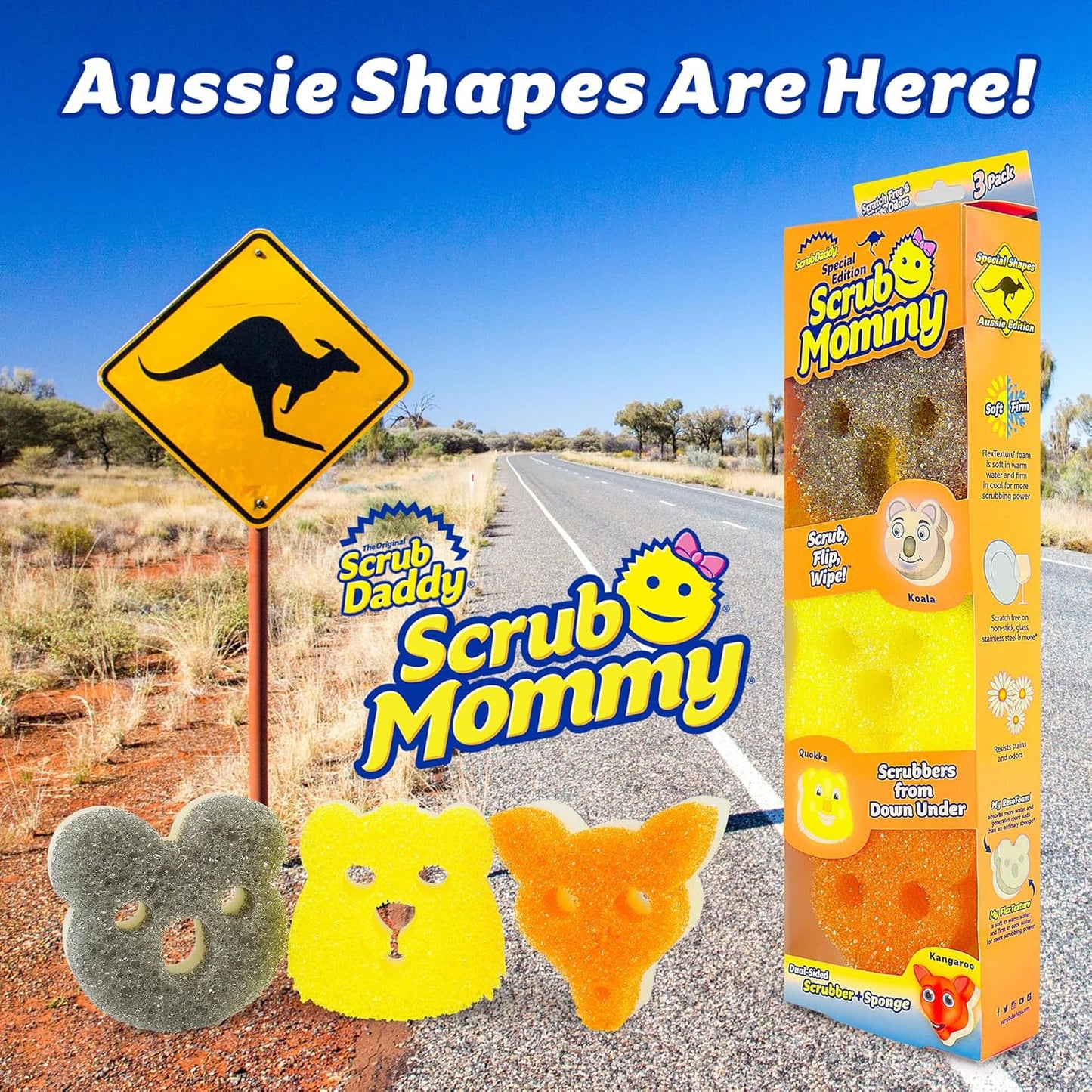 Scrub Mommy Aussie Shapes 3 Pack - Limited Edition Grey Koala, Yellow Quokka, Orange Kangaroo - One Side for Scrubbing, The Other for Mopping Up